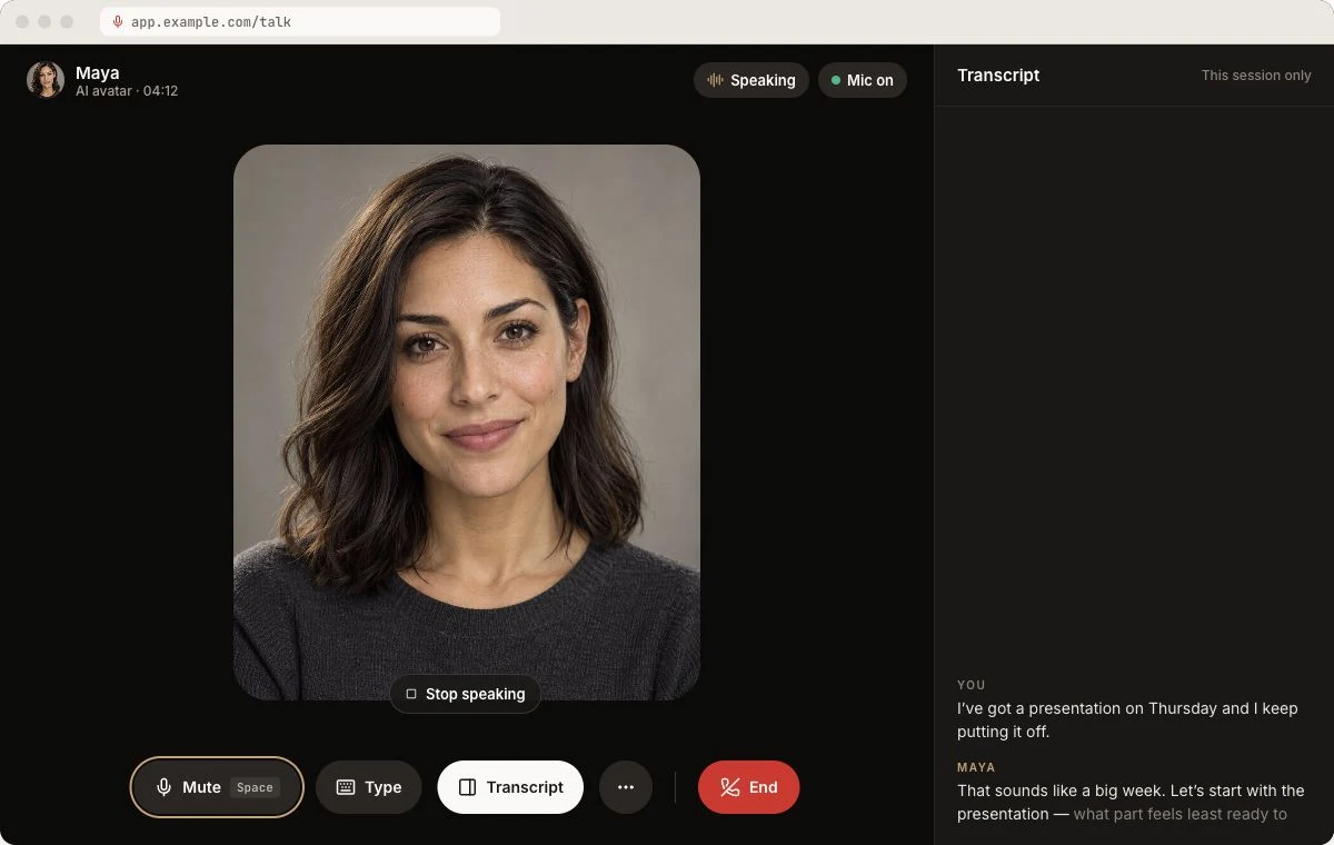 Desktop design: a conversation with Maya, microphone controls and transcript side by side.