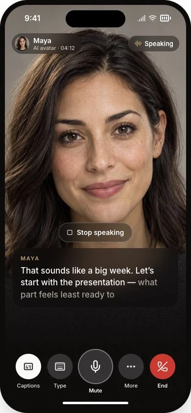 iPhone design: Maya with captions and conversation controls.